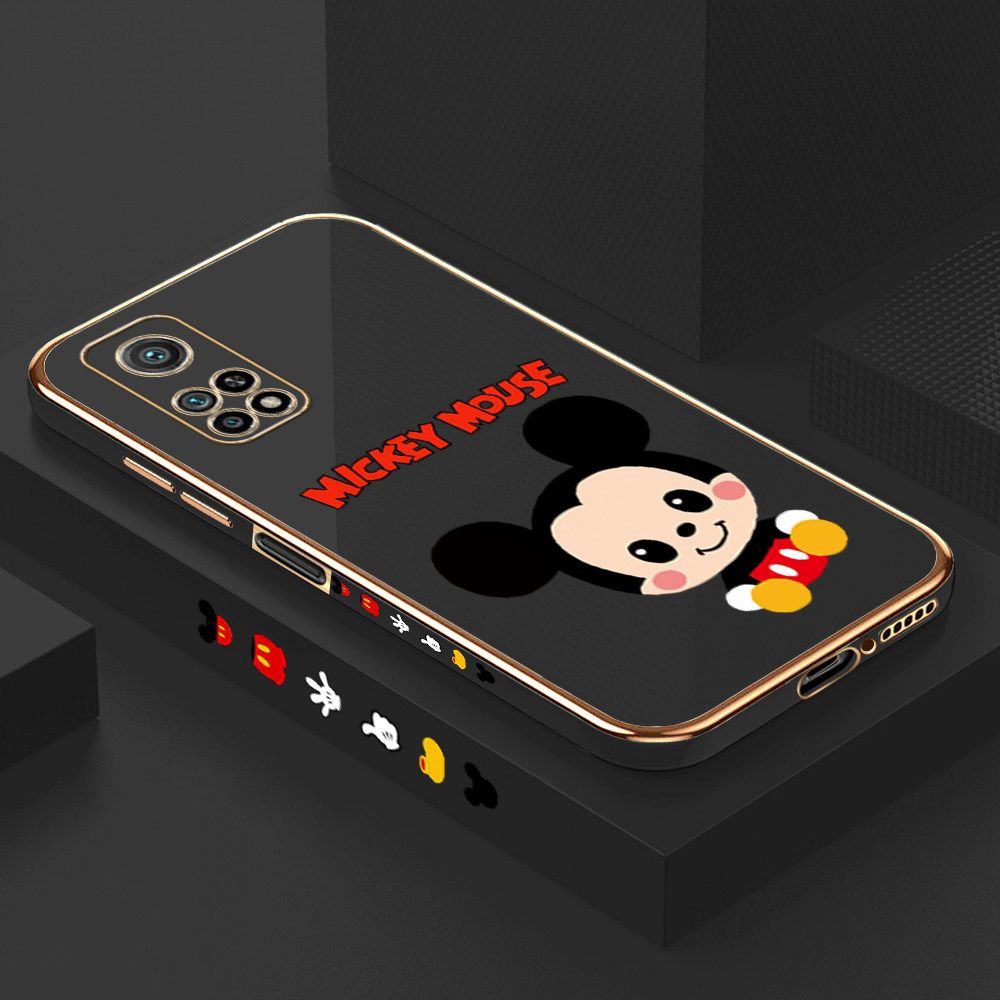 Luxury 6D Plating Case for Xiaomi 10T Pro Cute Cartoon Mouse Side Pattern Back Cover Soft Silicone Square Frame Shiny Bling Phone Cases + Free Lanyard