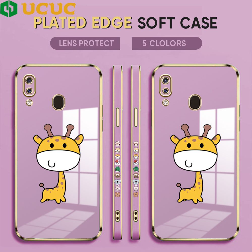 UCUC for Samsung Galaxy A20 / A30 Back Cover + Free Lanyard Big Head Giraffe Luxury 6D Plating Case Side Pattern Soft Silicone Square Phone Cases