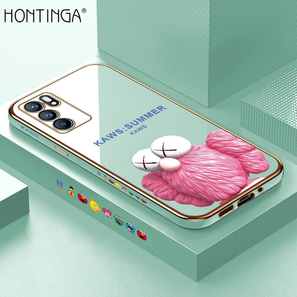 Hontinga for OPPO Reno6 5G Luxury 6D Plating Soft Casing Silicone Square Frame Phone Case Shiny Bling Back Cover Pink Doll Side Pattern Case