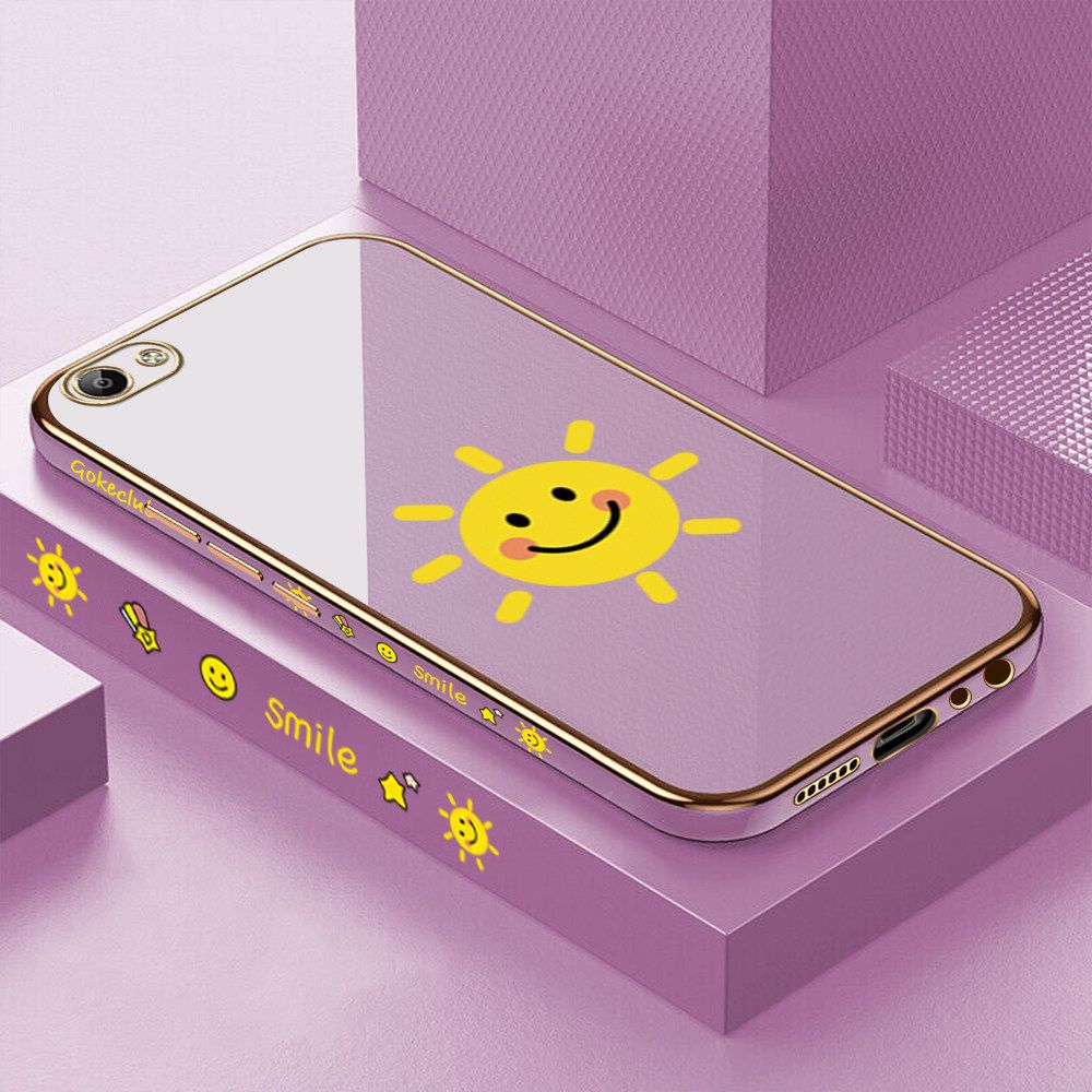 ZeroQiQi for Vivo V5 V5S V5 Lite Back Cover Smiling Sun Luxury 6D Plating Case Side Pattern Soft Silicone Square Phone Cases + Free Lanyard