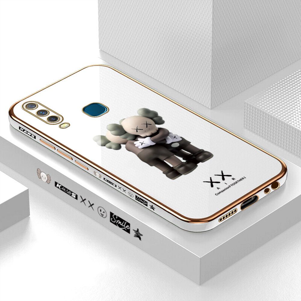 Luxury 6D Plating Case for Vivo Y12 Embrace Cartoon Bear Side Pattern Back Cover Soft Silicone Square Frame Shiny Bling Phone Cases + Free Lanyard