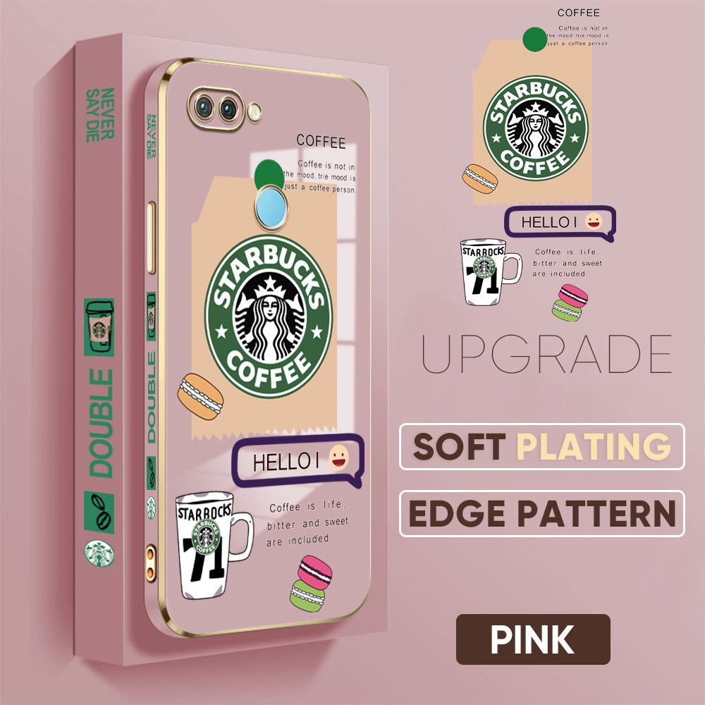 Jizetin (Free Lanyard) OPPO F9 / Realme 2 Pro Back Cover Two Coffee Macaron Luxury 6D Plating Case Side Pattern Soft Silicone Square Mobile Phone Cases