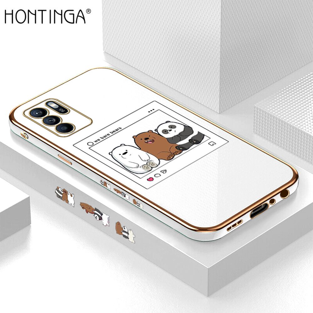 Hontinga for OPPO Reno6 Z 5G Back Cover + Free Lanyard Luxury 6D Plating Photo three bears Side Pattern Case Soft Silicone Square Mobile Cover