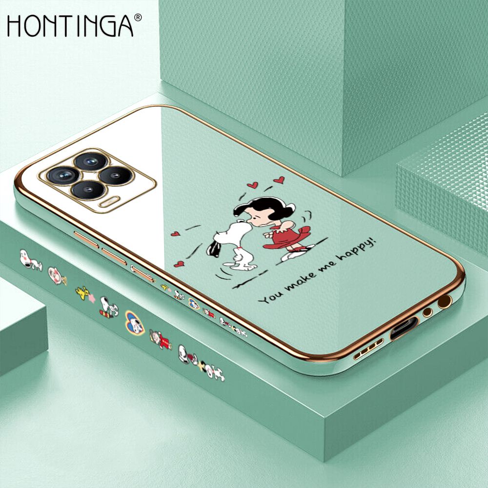 Hontinga for Realme 8 4G / 8 Pro Back Cover + Free Lanyard Luxury 6D Plating Happy Puppy and Girl Side Pattern Case Soft Silicone Square Mobile Cover