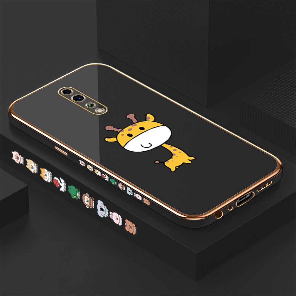 Luxury 6D Plating Case for OPPO Reno Z Color Cute Giraffe Side Pattern Back Cover Soft Silicone Square Frame Shiny Bling Phone Cases + Free Lanyard