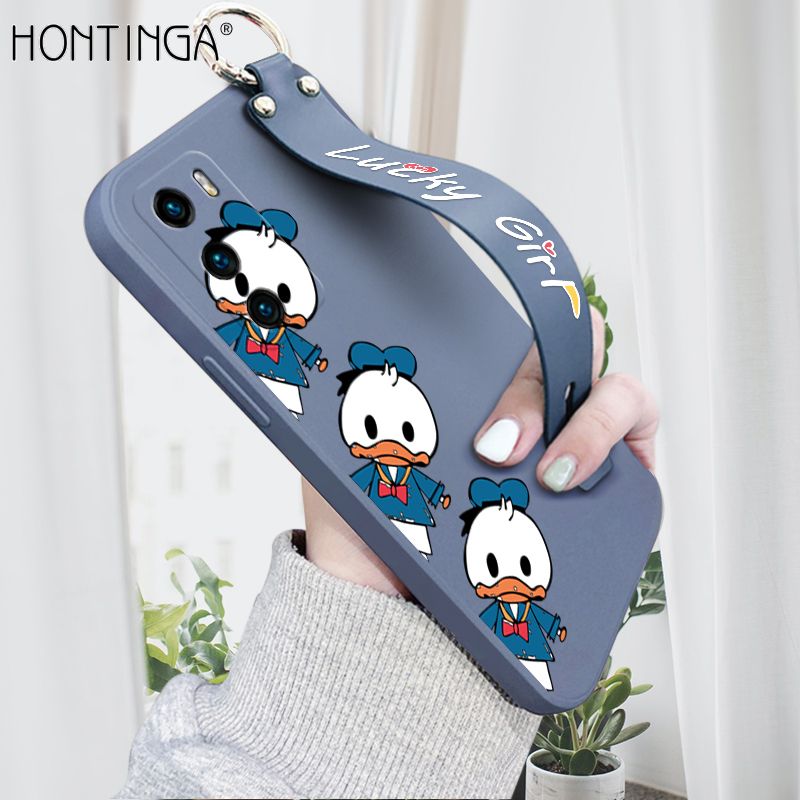 Hontinga for Huawei P40 Wrist Strap Case Cute Cartoon Little Duck Phone Case Square Edge Liquid Silicone Case Full Cover Camera Shockproof Protective Cases