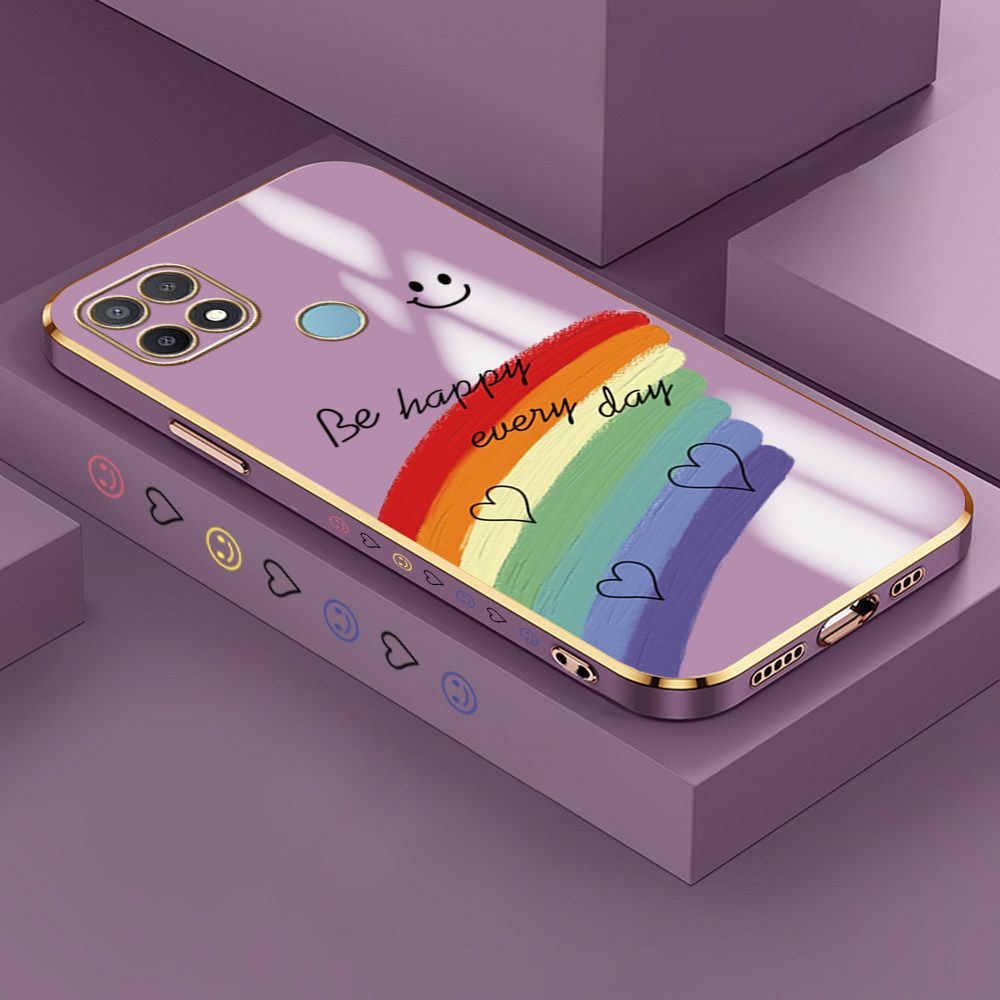 Jizetin (Free Lanyard) OPPO A15S / A15 Case Rainbow Doodle Luxury 6D Plating Soft Casing Silicone Ultra Thin Phone Cover