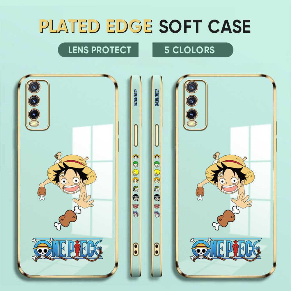 Luxury 6D Plating Case for Vivo Y20S Phone Cases Cartoon Eat Meat Luffy Side Print Soft Silicone Square Back Cover