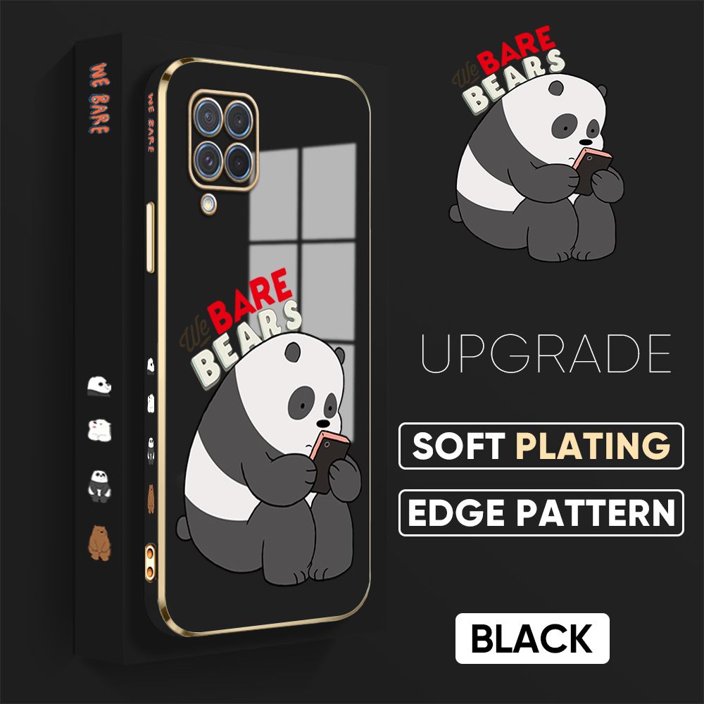 Jizetin (Free Lanyard) Samsung M62 Cover Panda Reading Luxury 6D Plating Soft Casing Silicone Square Frame Phone Case Shiny Bling Back Cover