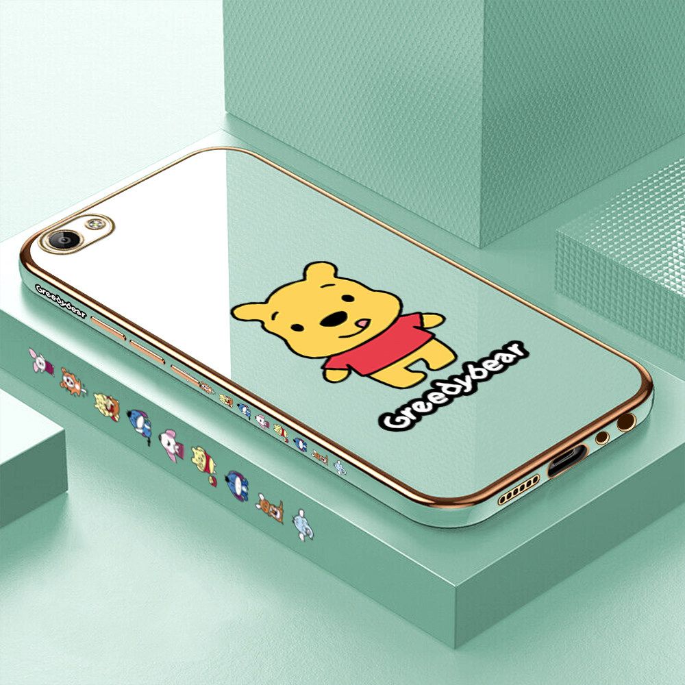 Luxury 6D Plating Case for Vivo V5 Squirming Little Sweet Bear Side Pattern Back Cover Soft Silicone Square Frame Shiny Bling Phone Cases + Free Lanyard