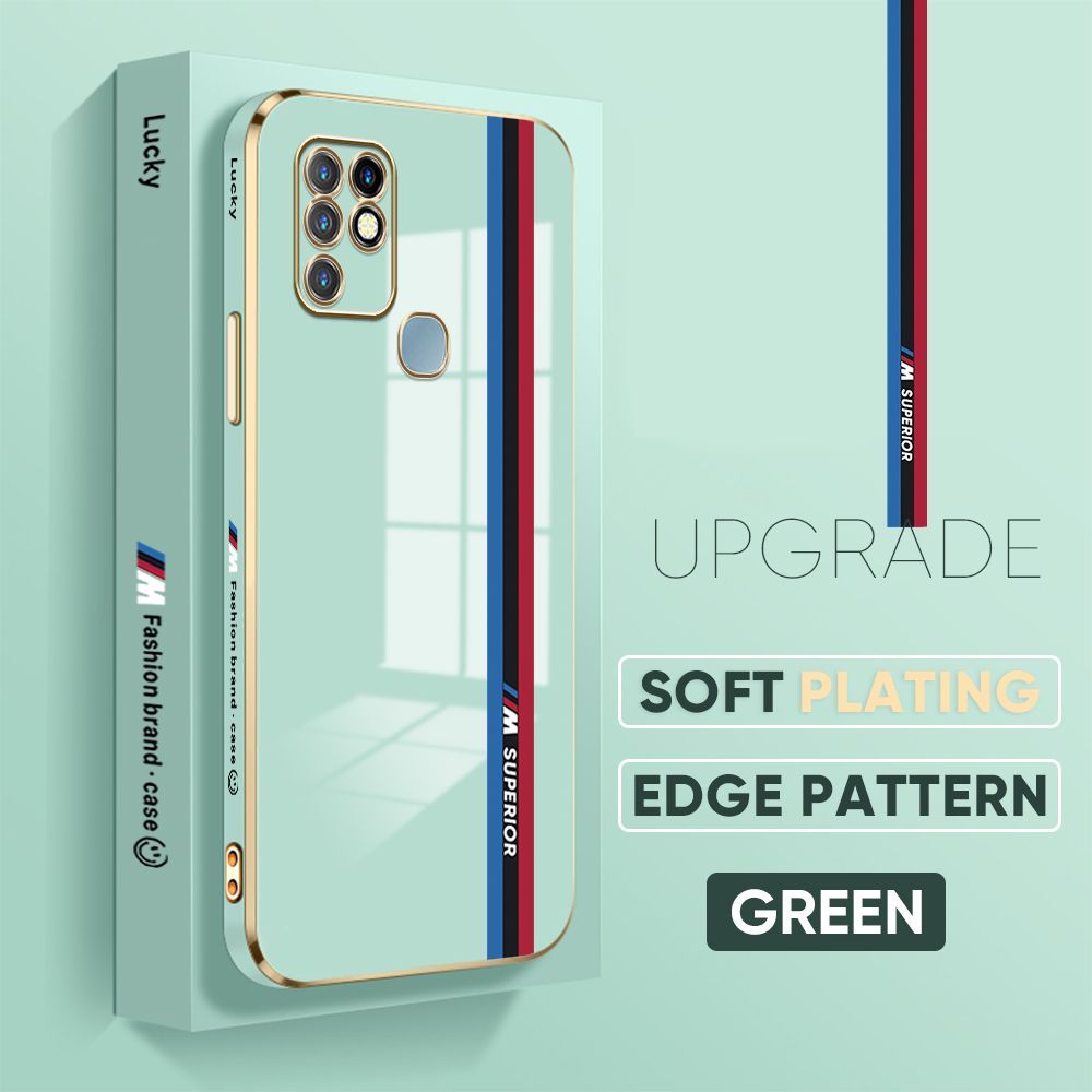 Jizetin (Free Lanyard) Infinix Hot 10 Back Cover Three-color Track Luxury 6D Plating Case Side Pattern Soft Silicone Square Phone Cases