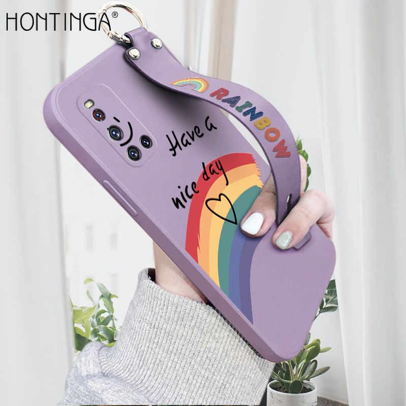 Hontinga for Vivo V19 Wrist Strap Case Lovely Graffiti Rainbow Smile Thin Phone Cover Square Edge Liquid Silicone Creativity Phone Case