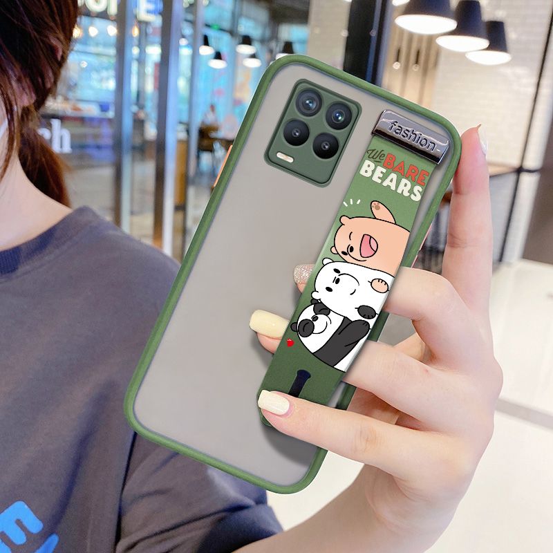 UCUC for Realme 8 Wrist Strap Case Cute Cartoon Three Little Bears Wristband Printing Cover Shockproof Frosted Phone Case
