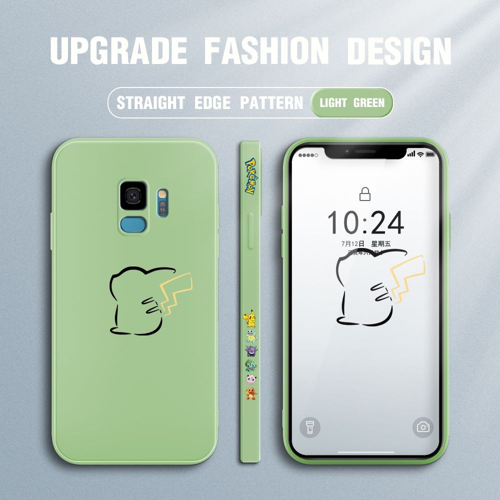 Jizetin for Samsung Galaxy S9 Case New Pikachu Pokémon Design Side Design Phone Case Square Edge Pattern Liquid Silicone Cases Full Cover Camera Soft Protection Case