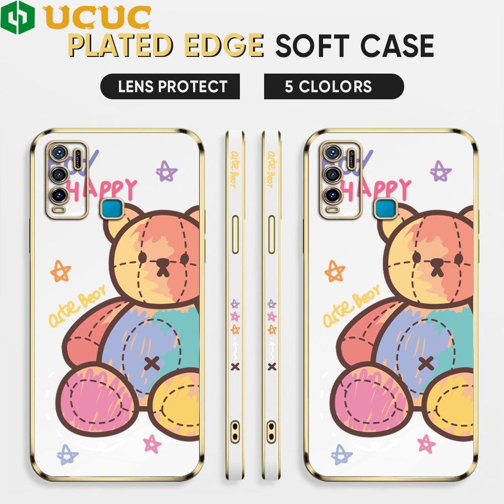 UCUC for Vivo Y50 Y30 Y30I 1938 Back Cover + Free Lanyard Colorful Muppet Bear Luxury 6D Plating Case Side Pattern Soft Silicone Square Phone Cases