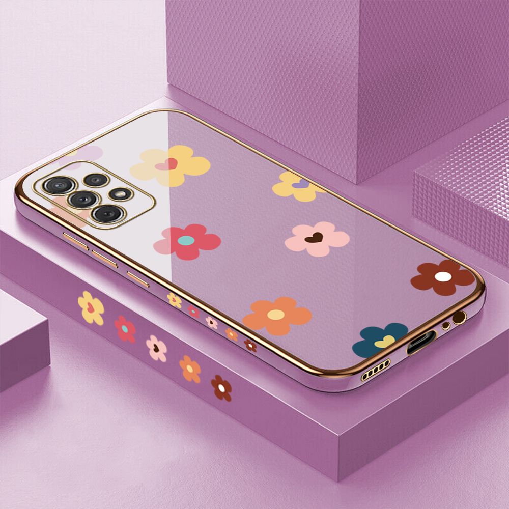 Luxury 6D Plating Case for Samsung A72 5G/4G Color Cartoon Flowers Side Pattern Back Cover Soft Silicone Square Phone Cases + Free Lanyard