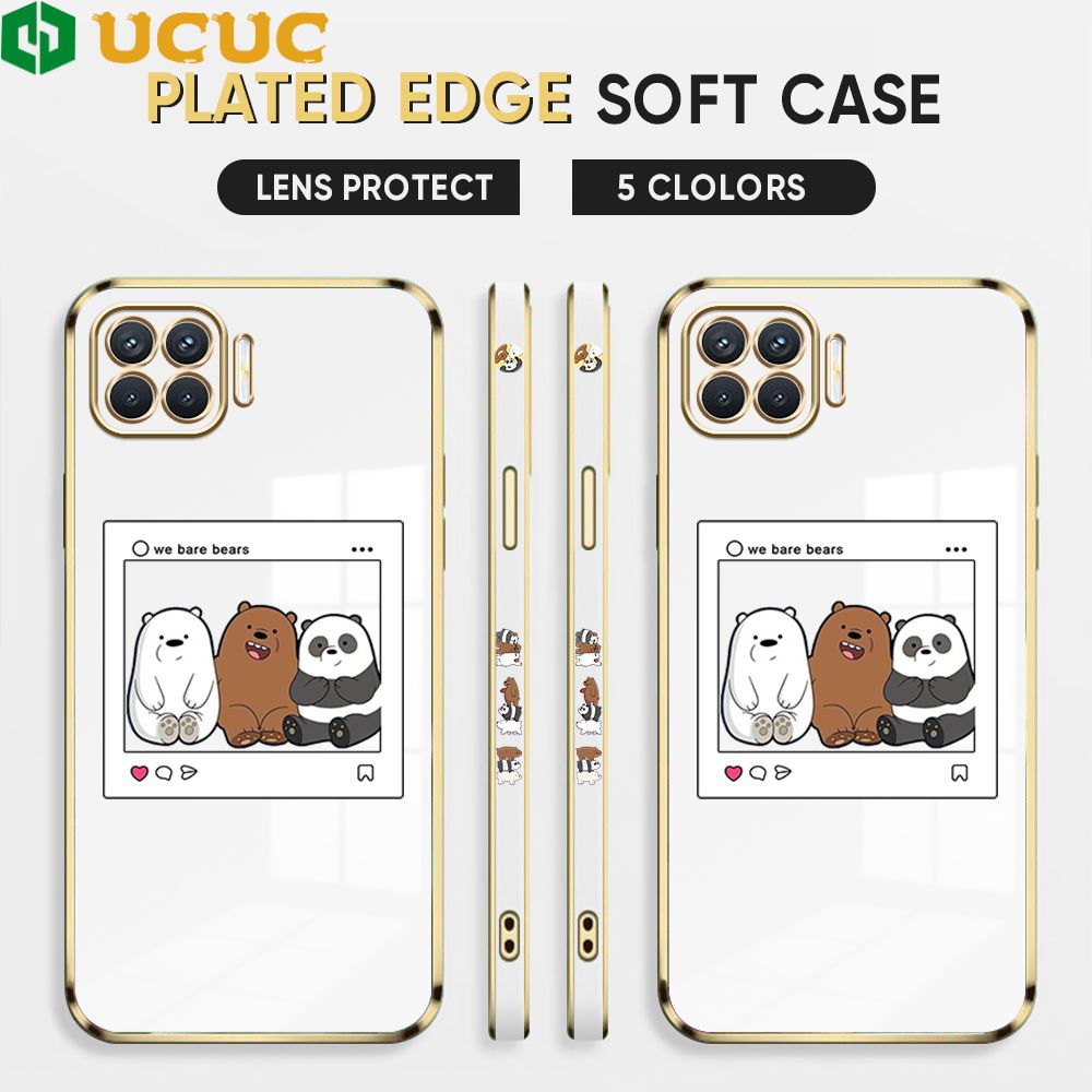 UCUC for OPPO A93 2020 Cover Bears Photo Luxury 6D Plating Soft Casing Silicone Square Frame Phone Case Shiny Bling Back Cover + Free Lanyard