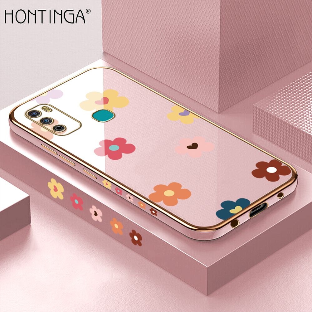 Hontinga for Infinix Hot 9 Play Back Cover + Free Lanyard Luxury 6D Plating Falling Flower Side Pattern Case Soft Silicone Square Phone Cases
