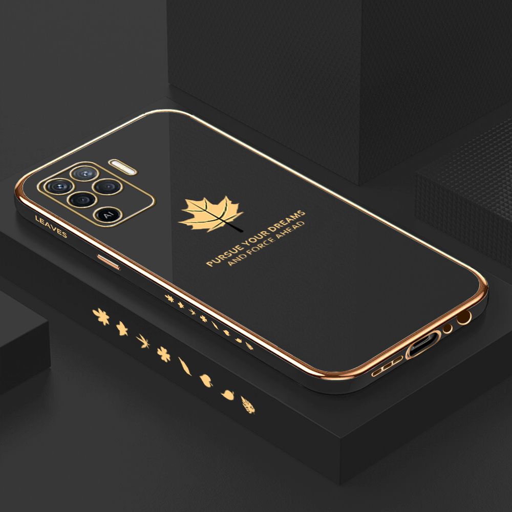 Luxury 6D Plating Case for OPPO Reno5 F Maple Leaf Side Pattern Back Cover Soft Silicone Square Phone Cases + Free Lanyard
