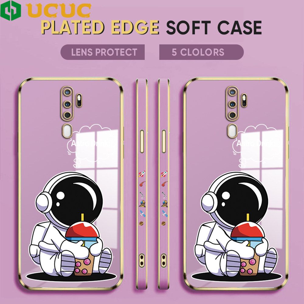 UCUC for OPPO A5 2020 / A9 2020 Back Cover + Free Lanyard Cute Astronaut Luxury 6D Plating Case Side Pattern Soft Silicone Square Phone Cases