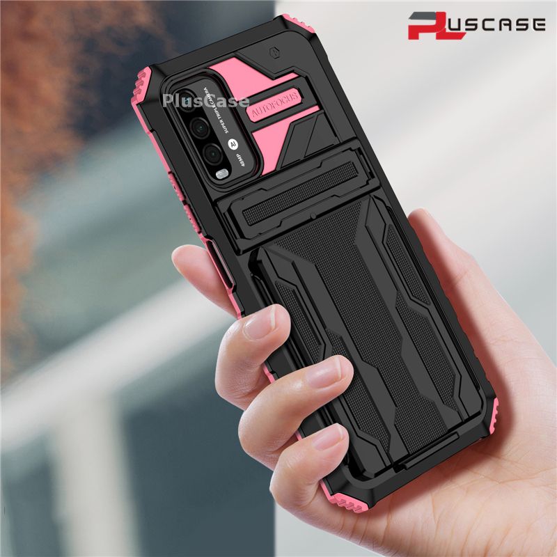 PlusCase for Xiaomi Redmi 9T Case Card Slot Holder Lens Protect Casing Kickstand Shockproof Phone Back Cover