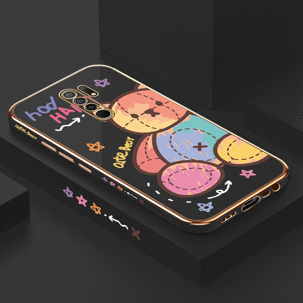 Luxury 6D Plating Case for Redmi 9 Color Cartoon Doll Bear Side Pattern Back Cover Soft Silicone Square Frame Shiny Bling Phone Cases + Free Lanyard