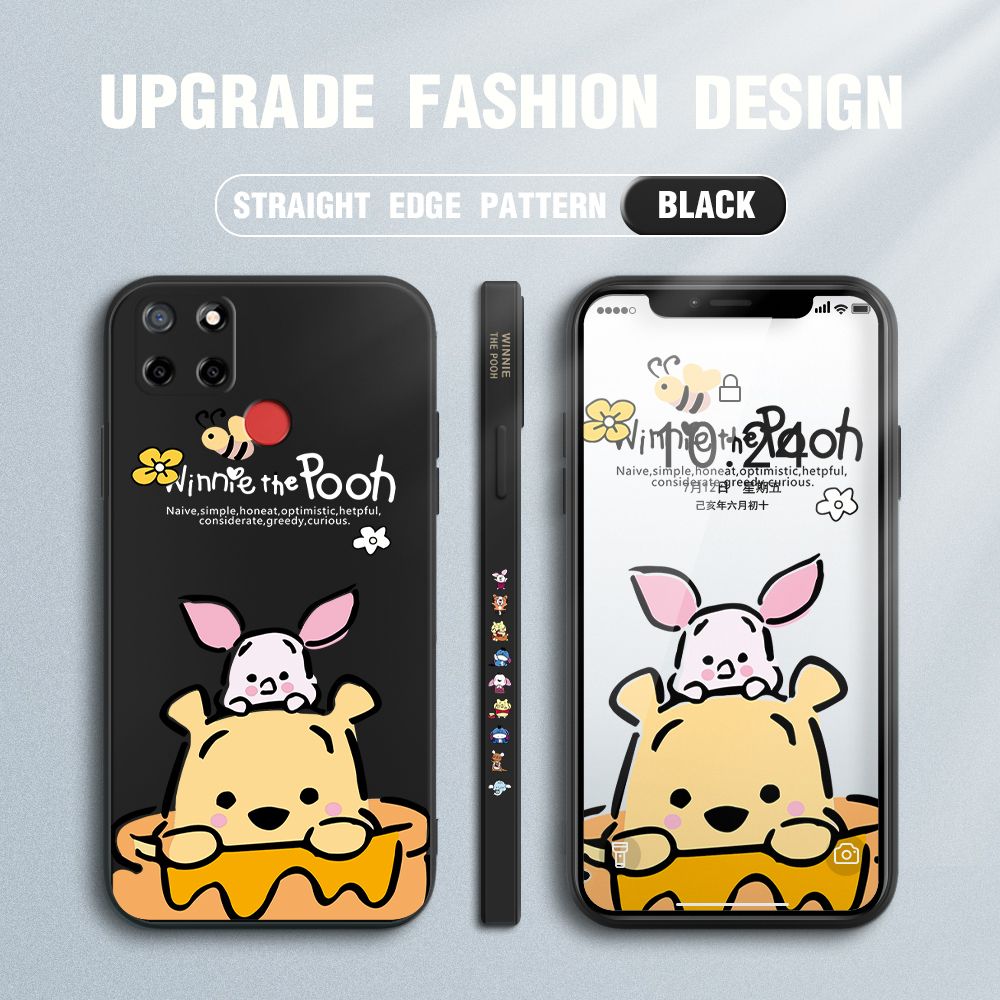 Jizetin for Realme C25S / C25 / C12 / Narzo 30A / Narzo 20 Case Side Design Phone Cover Lovely Cartoon Pooh Bear Cover Square Edge Pattern Liquid Silicone Trend Case
