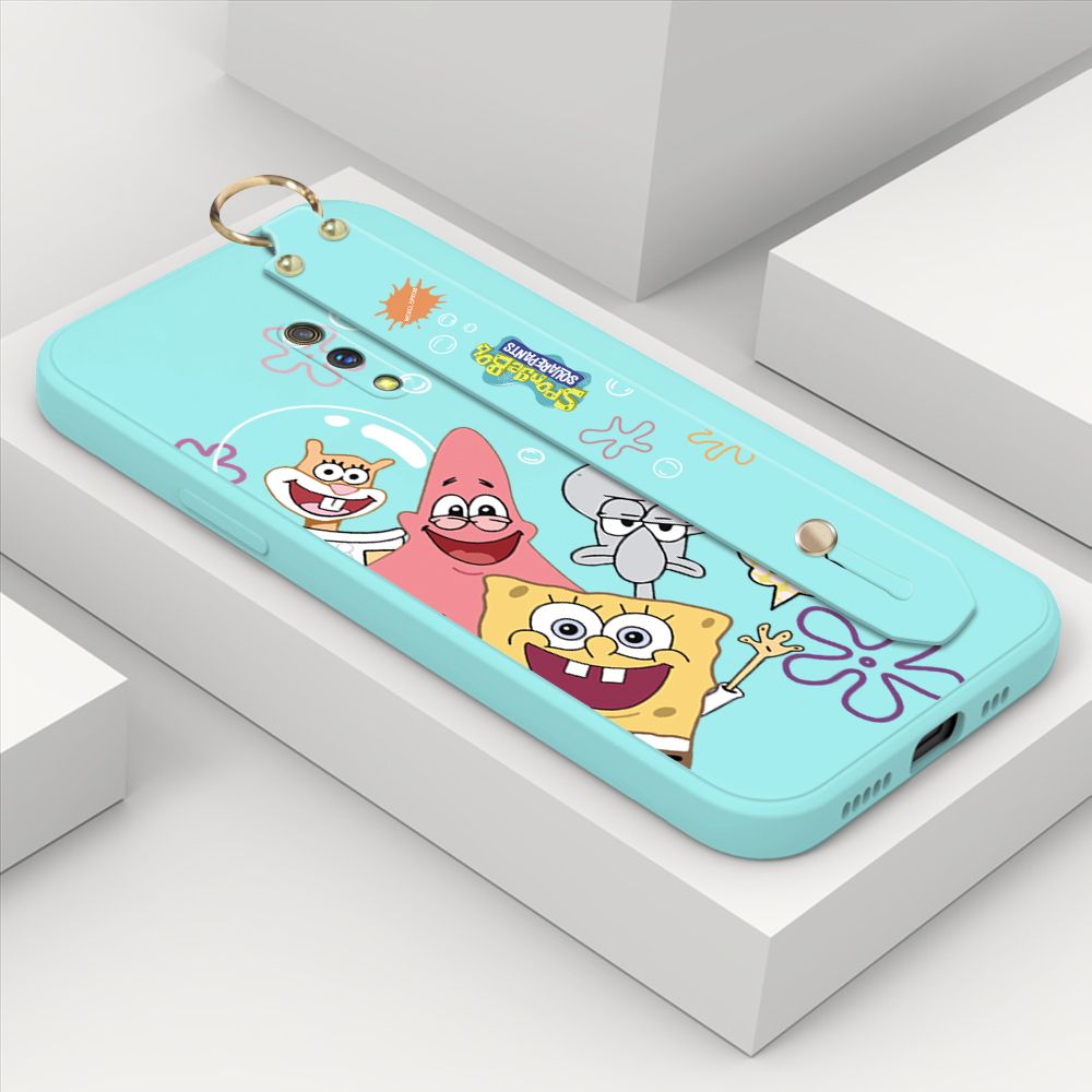 ZeroQiQi for Realme X Wrist Strap Case Cute Cute Funny Cartoon Sponge for Square Pants Cover Square Edge Liquid Silicone Anti-drop Phone Case
