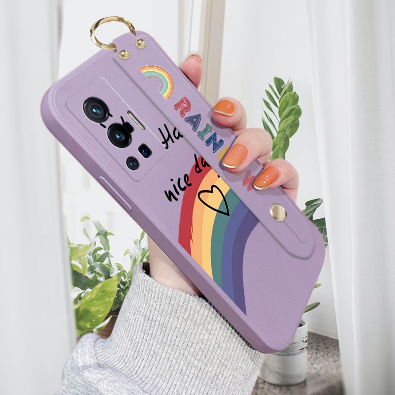 ZeroQiQi for Vivo X70 Pro 5G Wrist Strap Case Lovely Graffiti Rainbow Smile Thin Phone Cover Square Edge Liquid Silicone Creativity Phone Case