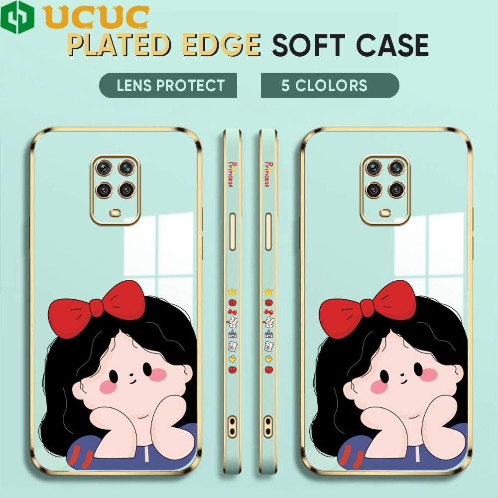 UCUC for Redmi Note 9 Pro / Note 9S / Note 9 Pro Max Back Cover + Free Lanyard Cute Gir Luxury 6D Plating Case Side Pattern Soft Silicone Square Phone Cases