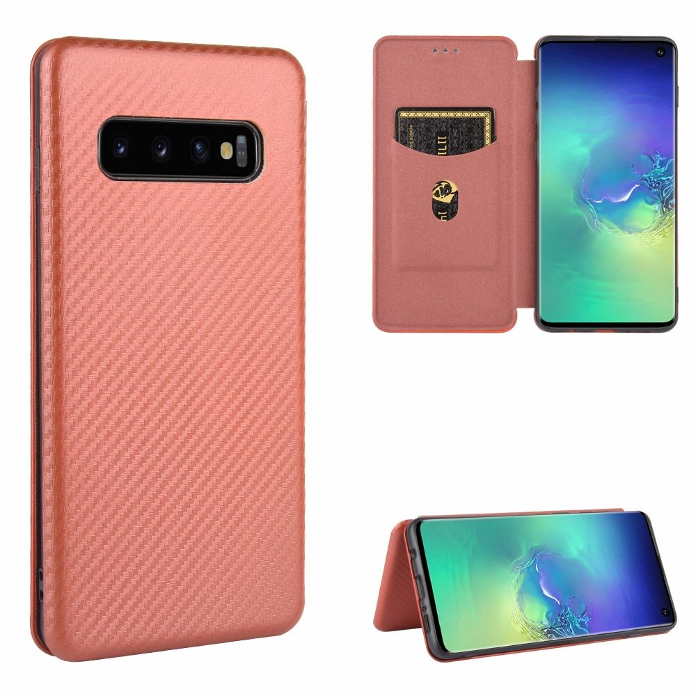 (Ready Stock)For Samsung Galaxy S10 Carbon Fiber Texture Magnetic Horizontal Flip TPU + PC + PU Leather Case with Rope & Card Slot(Brown)
