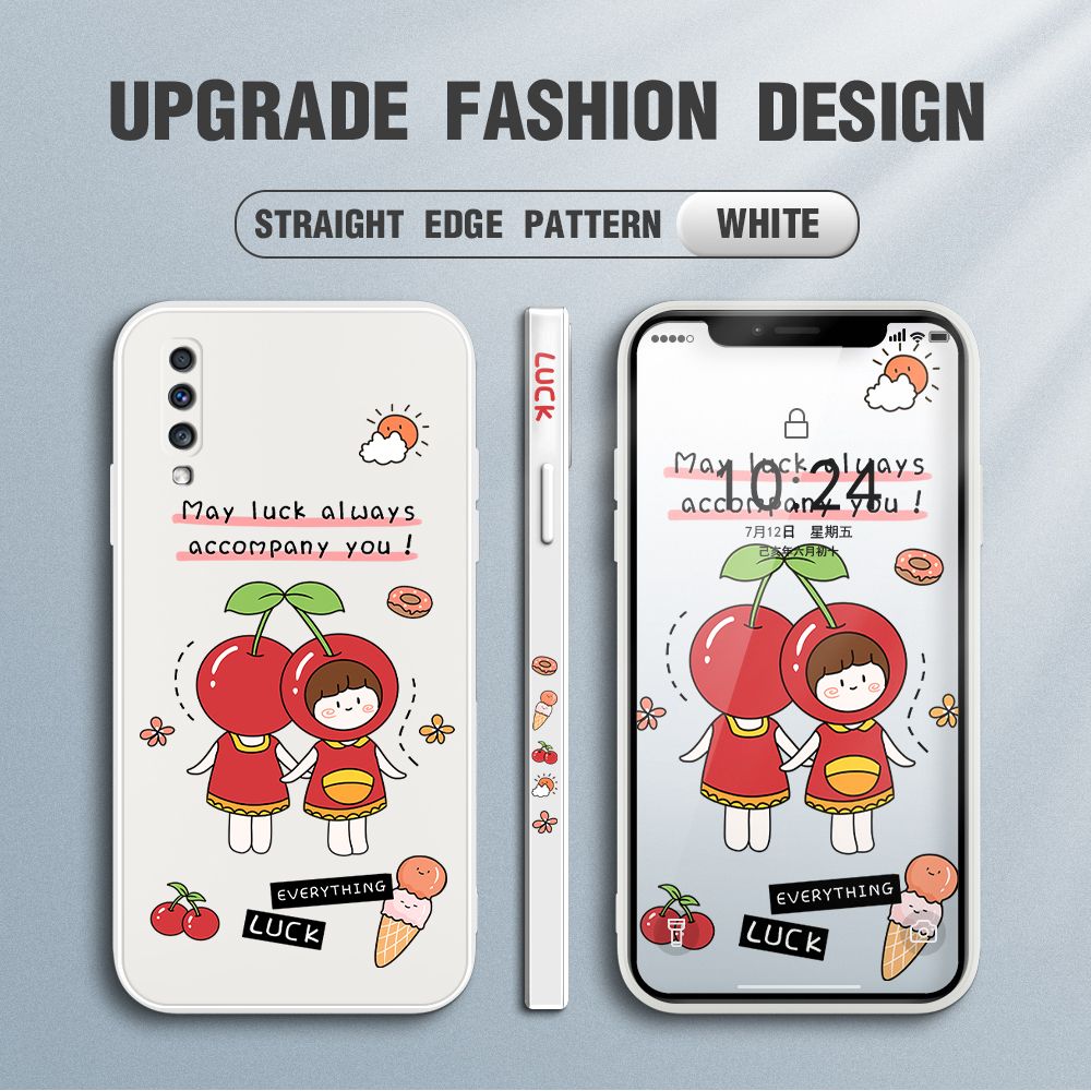 Jizetin for Samsung Galaxy A70 Case Fashion Cherry Girl Design Side Design Phone Case Square Edge Pattern Liquid Silicone Cases Full Cover Camera Shockproof Protective Case
