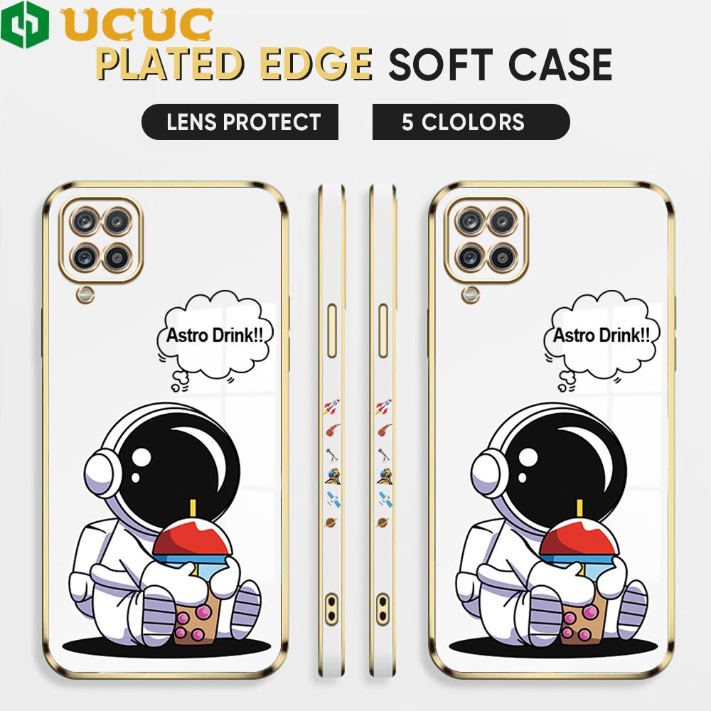 UCUC for Samsung Galaxy A12 / A12 5G / M12 Back Cover + Free Lanyard Cute Astronaut Luxury 6D Plating Case Side Pattern Soft Silicone Square Phone Cases