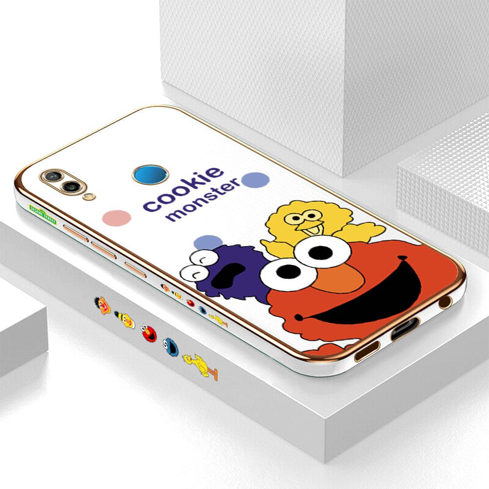 Luxury 6D Plating Case for Huawei Nova 3E Color Cute Cartoon Sesame Monsters Side Pattern Back Cover Soft Silicone Square Frame Shiny Bling Phone Cases + Free Lanyard
