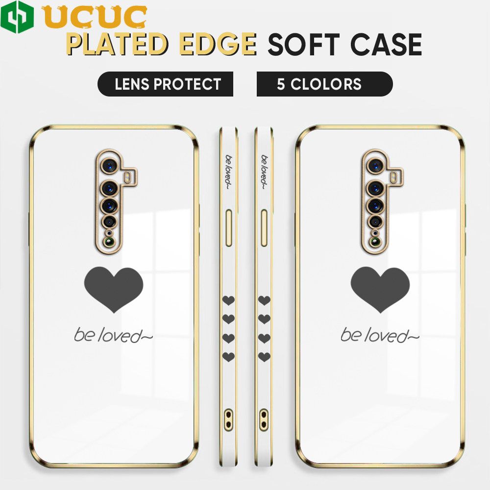 UCUC for OPPO Reno 2 Back Cover + Free Lanyard Lover Heart Luxury 6D Plating Case Side Pattern Soft Silicone Square Phone Cases