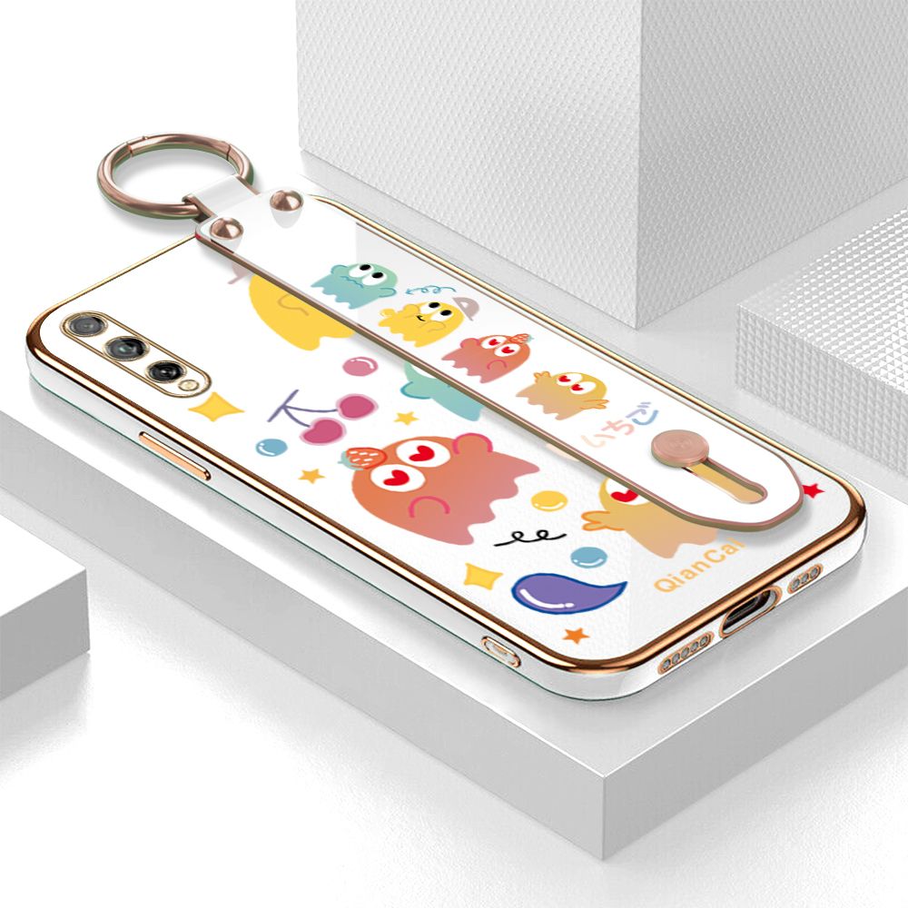 Jizetin for Huawei Y8P Back Cover Bean Monster Luxury 6D Plating Wrist Strap Phone Cases Soft Silicone Square Mobile Phone Case