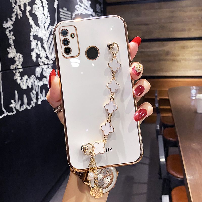 For OPPO A33 2020 Back Cover with Lucky Clover Wristband Chain Fashion Bracelet Shiny Plating Square Edge Bumper Phone Case Soft Silicone Bumper Protective Cover