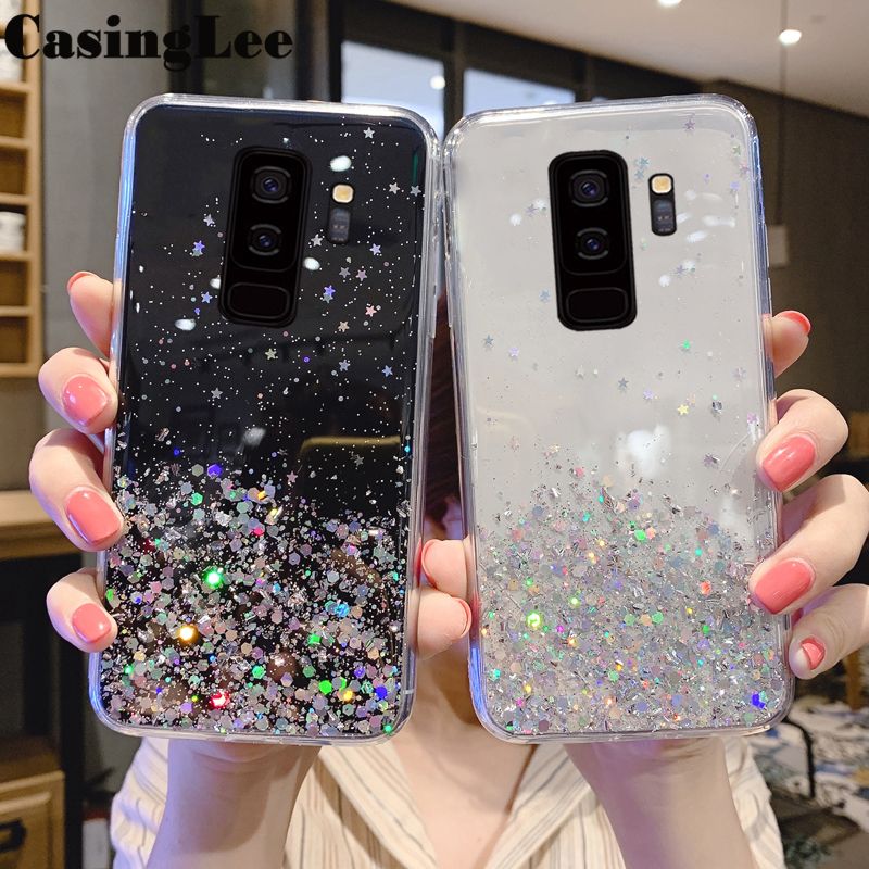 Casinglee For Samsung Galaxy S9 Plus case Full Stars Moon Glitter Bling Sequins Cases for Samsung S9 Plus Phone Cover Starry Sky Transparent Soft Back Cover