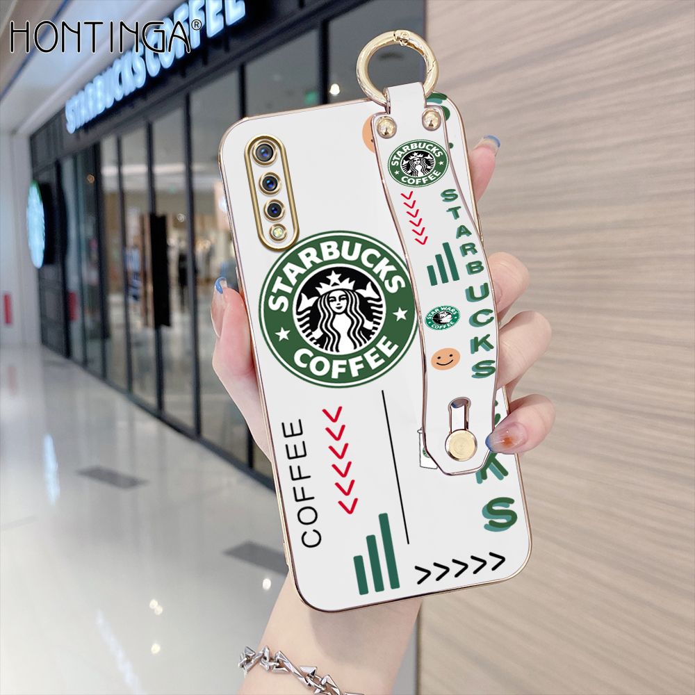 Hontinga for Vivo S1 Back Cover With Wristband Luxury 6D Plating Coffee Sign Case Soft Silicone Square Phone Cases