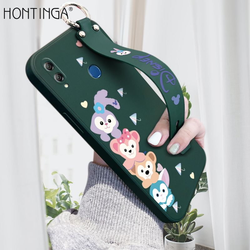 Hontinga for Honor 8X MAX Wrist Strap Case INS Cute Style Creative Cartoon Rabbit and Fox Cover Thin Square Edge Liquid Silicone Phone Case