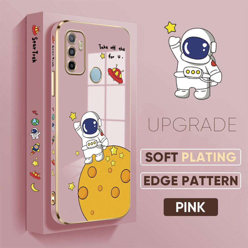 TA for OPPO A53 2020 / A33 2020 Back Cover + Free Lanyard Planet Astronaut Luxury 6D Plating Case Side Pattern Soft Silicone Square Phone Cases