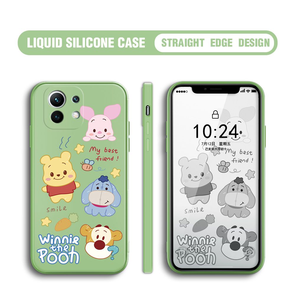 BILI for Xiaomi 11 Back Cover Cute Winne Friends Multicolor Liquid Silicone Phone Case Soft Square Lens Protection Phone Cases