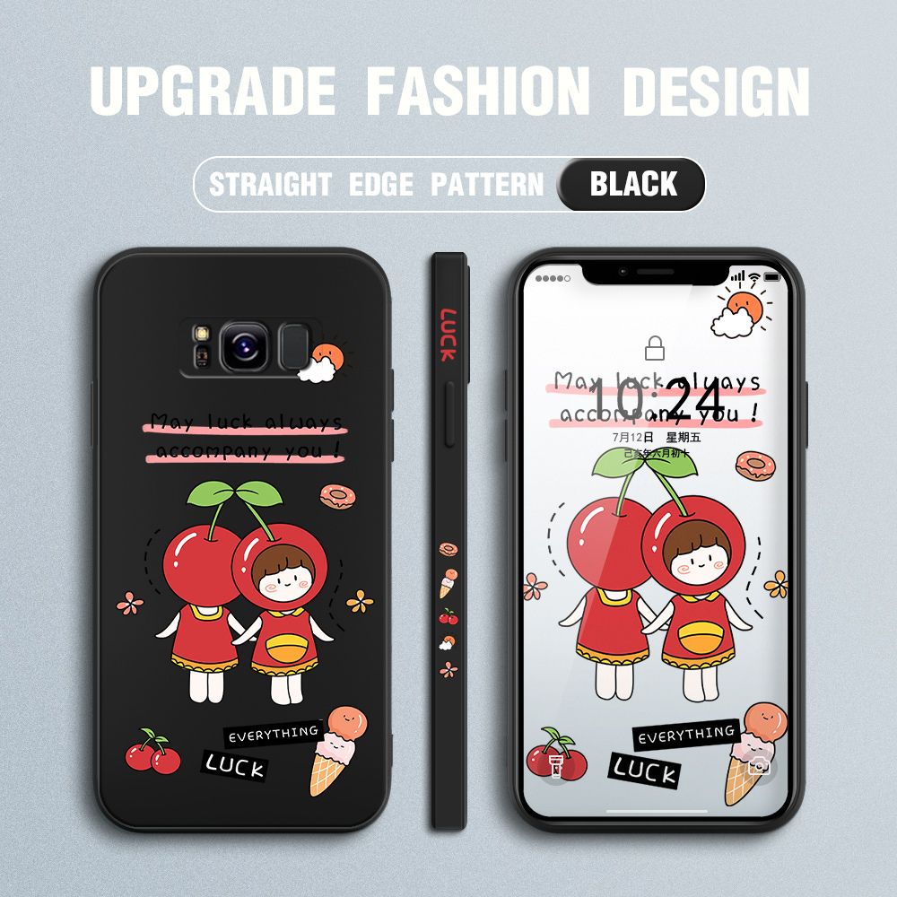 Jizetin for Samsung Galaxy S8 Case Fashion Cherry Girl Design Side Design Phone Case Square Edge Pattern Liquid Silicone Cases Full Cover Camera Shockproof Protective Case