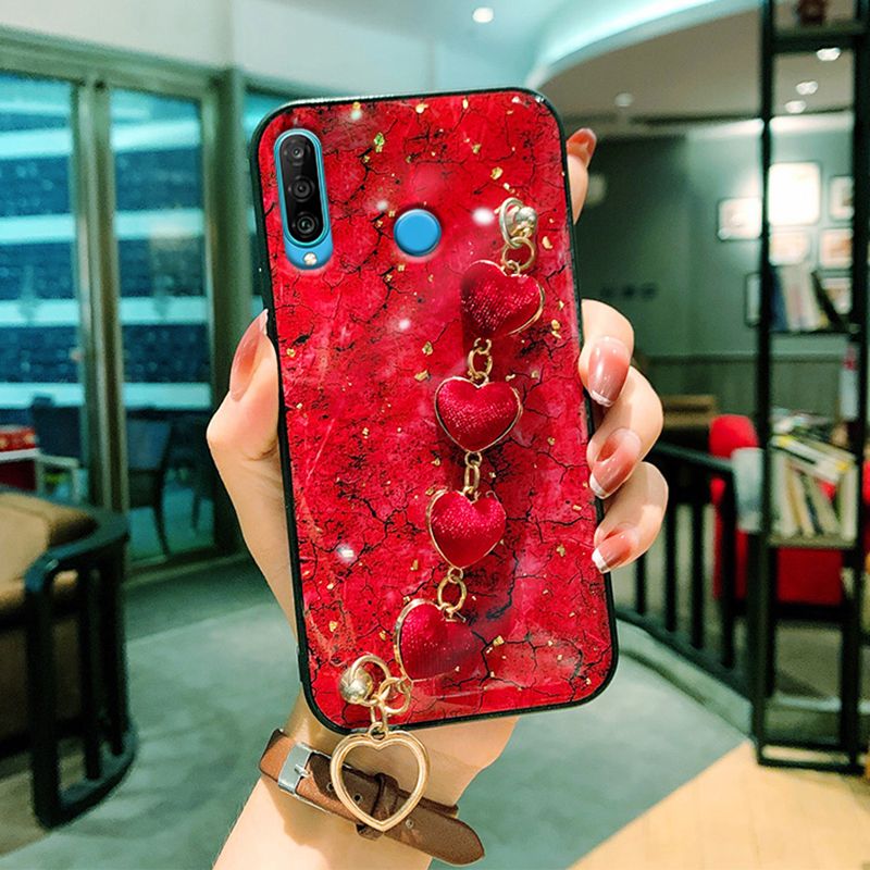 For Huawei Y7P Back Cover with Love Heart Wristband Chain Fashion Bracelet Marble Glitter Case Soft Silicone Bumper Protective Mobile Phone Cases