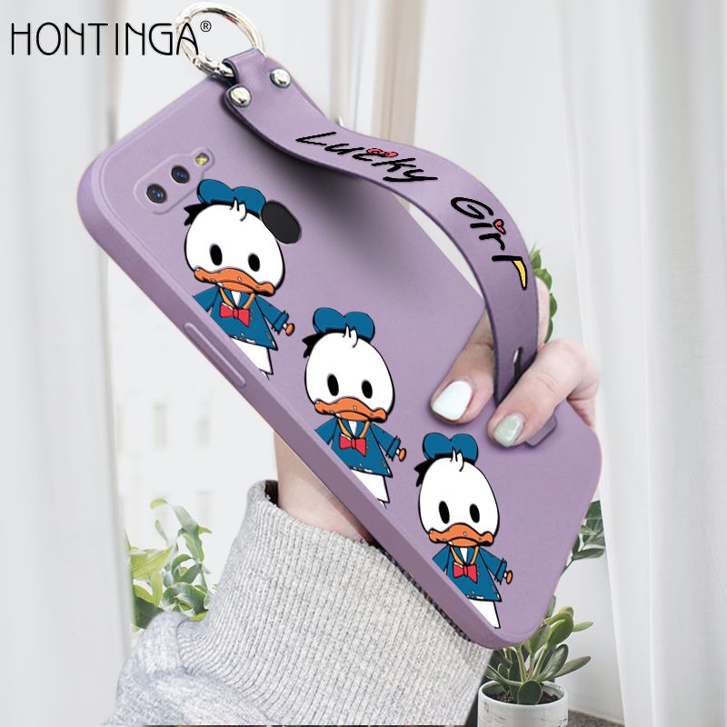Hontinga for OPPO F9 / F9 Pro / Realme 2 Pro / U1 Wrist Strap Case Cute Cartoon Little Duck Phone Case Square Edge Liquid Silicone Case Full Cover Camera Shockproof Protective Cases