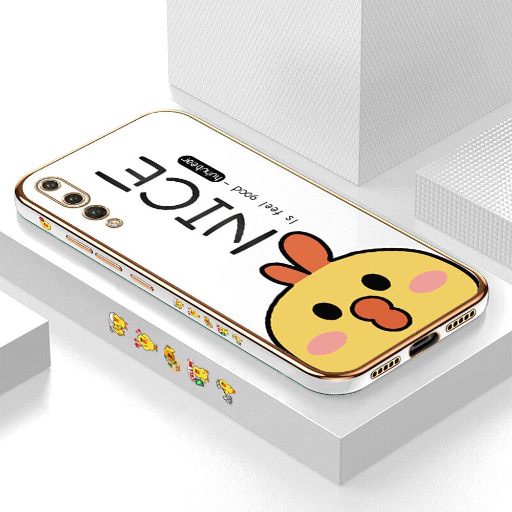 Luxury 6D Plating Case for Huawei P20 Pro Cute Cartoon Chicken Side Pattern Back Cover Soft Silicone Square Frame Shiny Bling Phone Cases + Free Lanyard