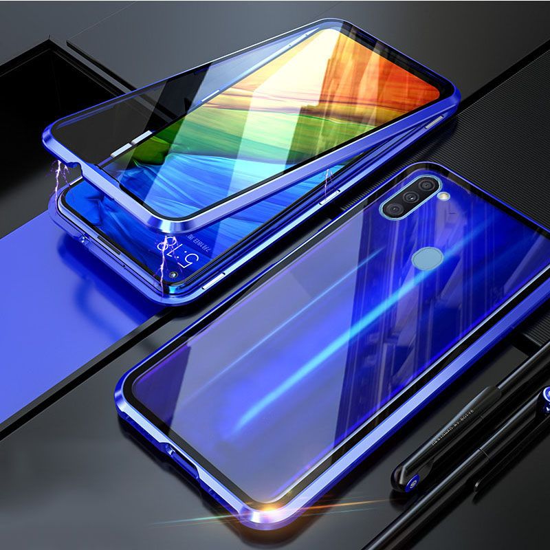 For Samsung Galaxy A11 Double-sided Glass Magnetic 2 In 1 Adsorption Metal Case Double Tempered Glass Aluminum Frame Beautiful Shock Protection Flip Cover