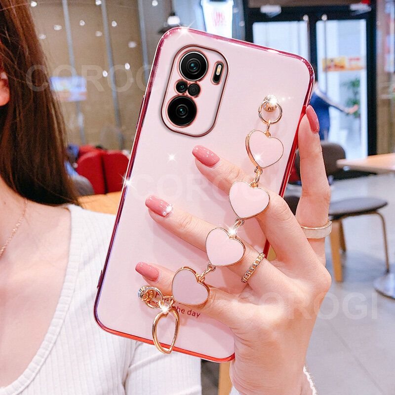 For Xiaomi Mi 11X Cover + Love Heart Bracelet Fashion Shiny Wrist Chain Plating Bumper Slim Phone Case Soft TPU Silicone Shockproof Protective Back Cover