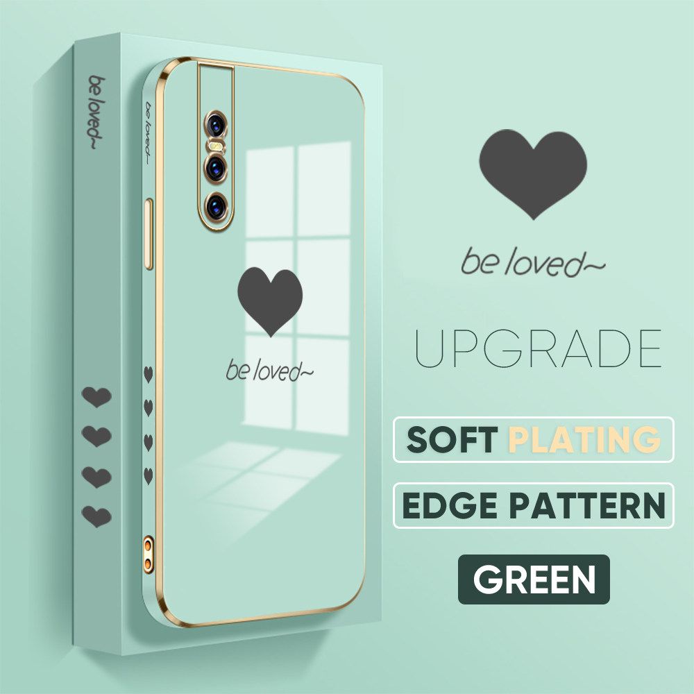 Jizetin (Free Lanyard) Vivo V15 Pro Luxury 6D Plating Soft Casing Silicone Square Frame Phone Case Shiny Bling Back Cover New Lover Heart New design Side Drawing Case