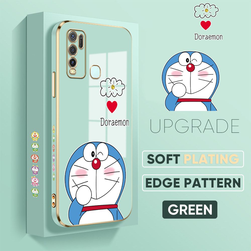 UCUC for Vivo Y50 Y30 Y30I 1938 Back Cover + Free Lanyard Sneak Doraemon Luxury 6D Plating Case Side Pattern Soft Silicone Square Phone Cases